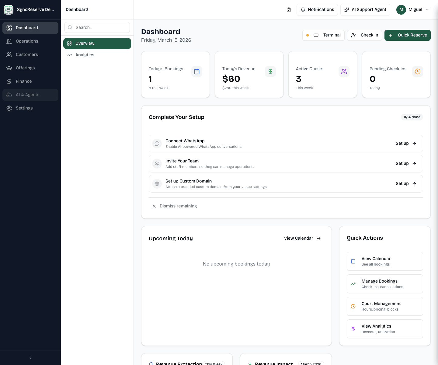 SyncReserve Demo Club admin dashboard with primary navigation visible