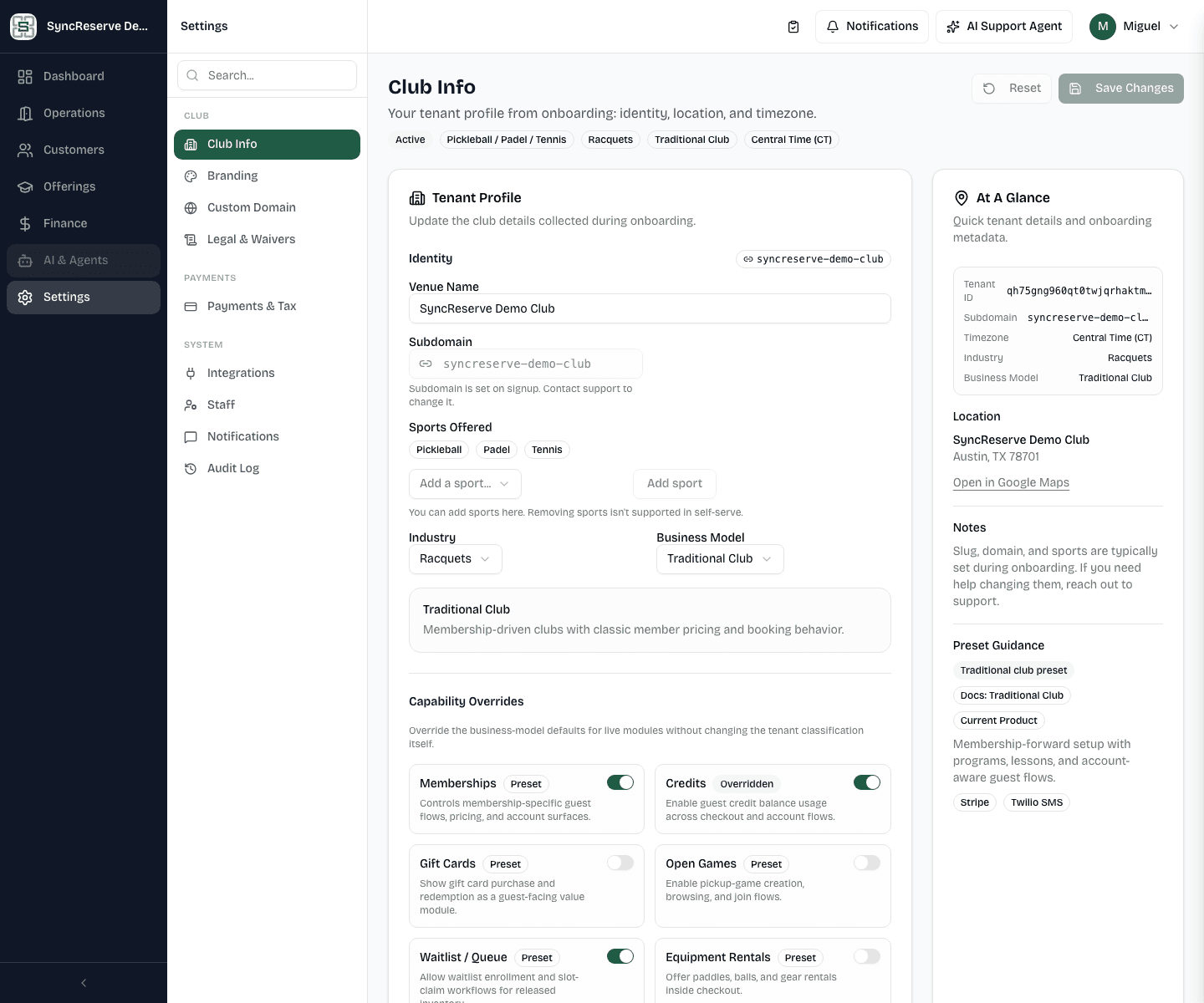 SyncReserve Demo Club admin settings overview with section navigation