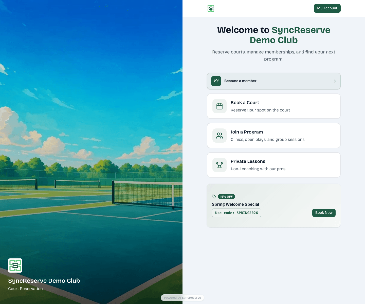 SyncReserve Demo Club homepage showing main booking entry points