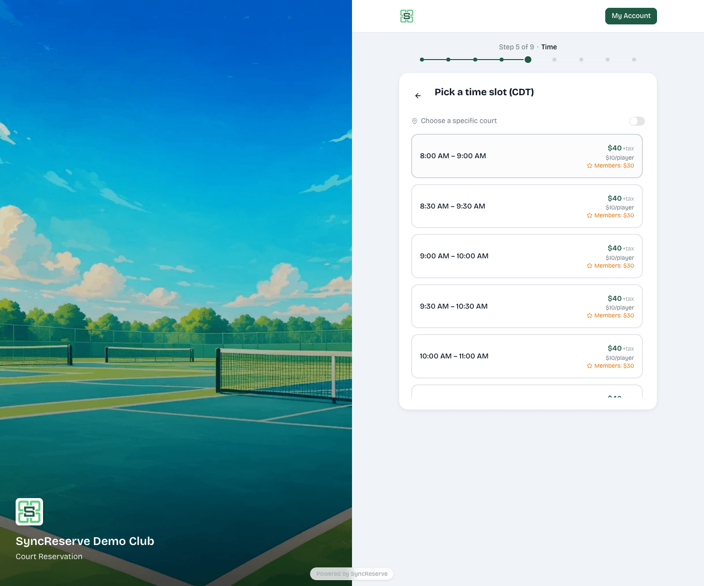 SyncReserve Demo Club reserve flow time selection step with pricing