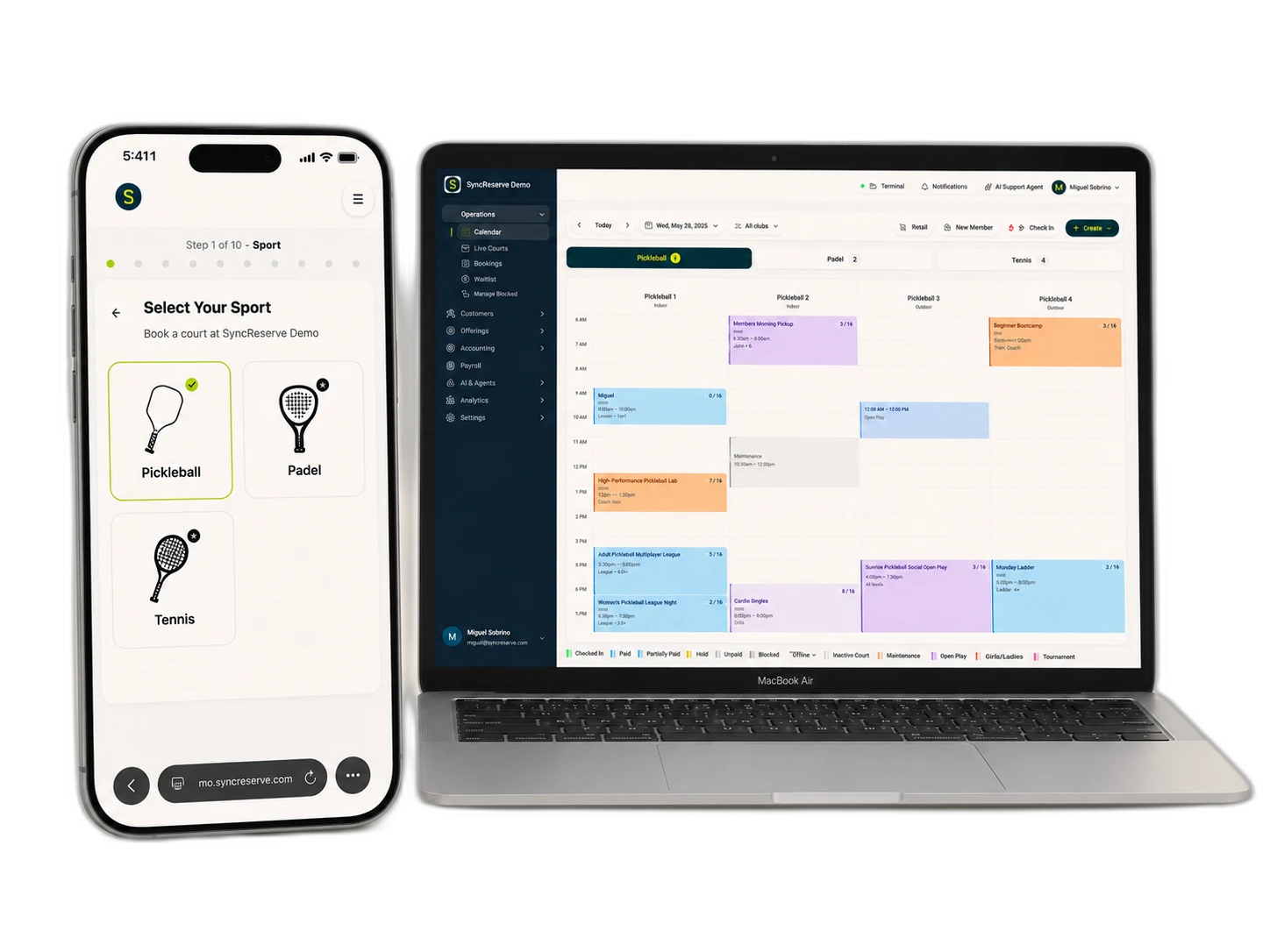 SyncReserve admin calendar with multi-sport tabs and color-coded sessions